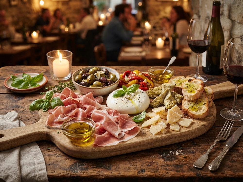 Antipasti board with prosciutto, burrata, and olives