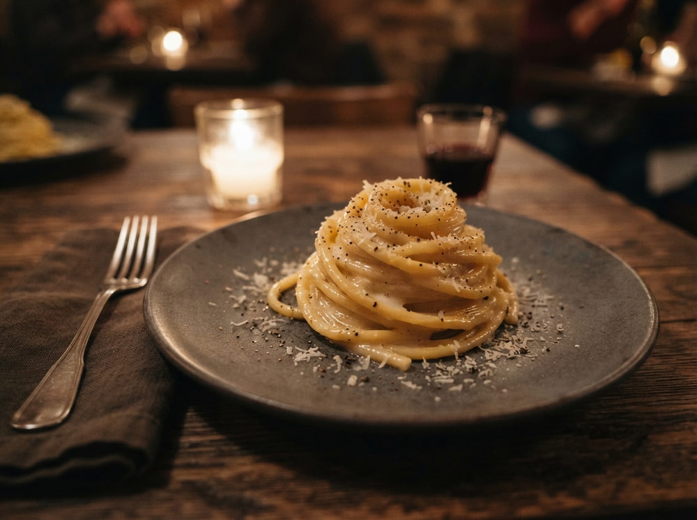Cacio e pepe on a dark ceramic plate