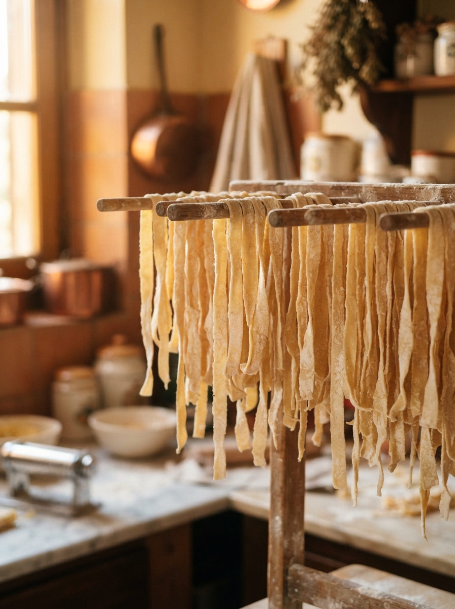 Fresh pappardelle hanging to dry in the Roma kitchen