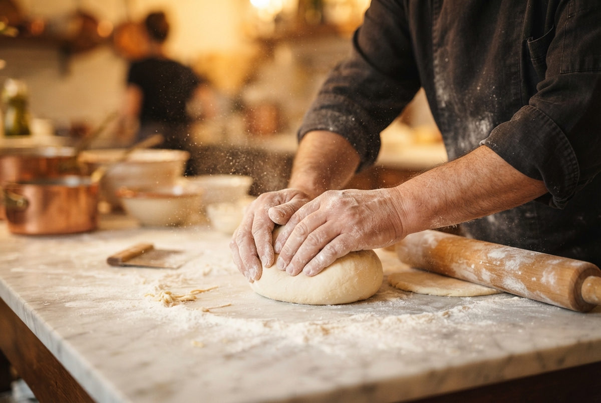Chef hands kneading fresh pasta dough