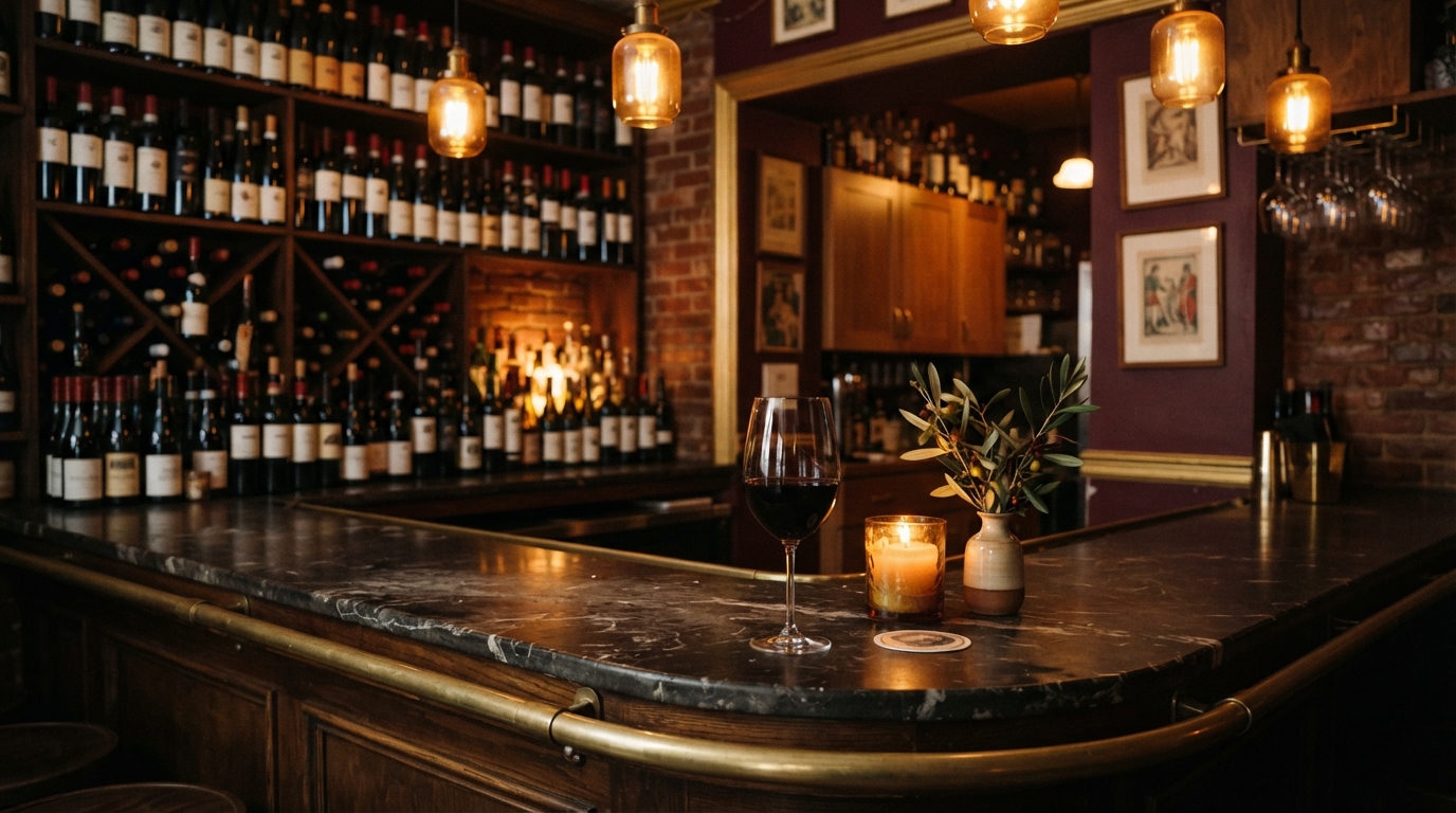 Wine bar at Roma with amber pendant lights